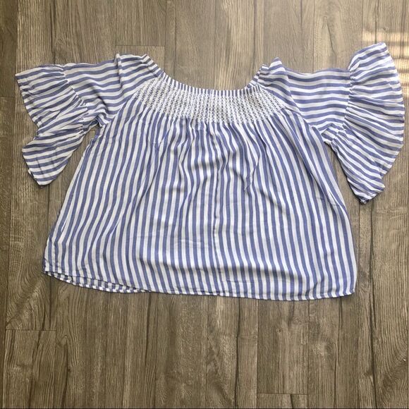 2/$20 a.n.a. Off Shoulder Striped Blue White Top - Picture 7 of 12